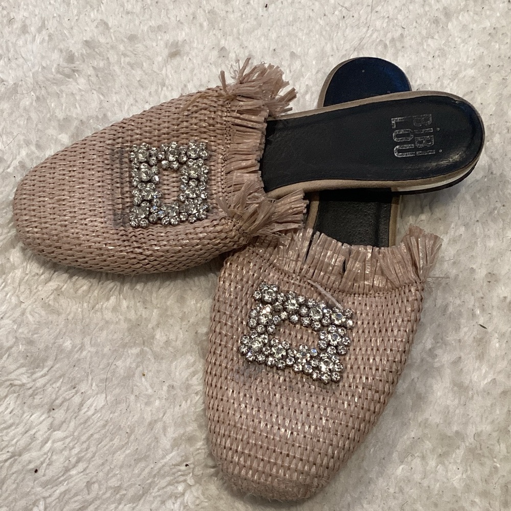 Bibi Lou Blush Raffia Crystal-Embellished Slip-On Mules